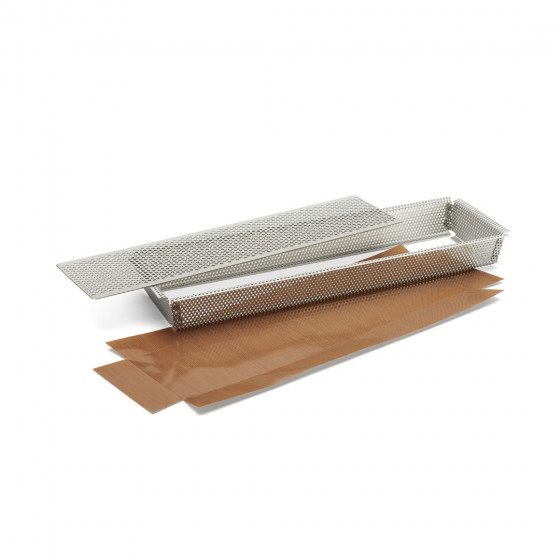 Moule rectangulaire inox perforé 35x10,5x3,5cm + feuilles de cuisson antiadhésive