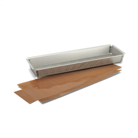 Perforated stainless steel rectangular mould 35x10,5x3,5cm + 2 non-stick baking sheets