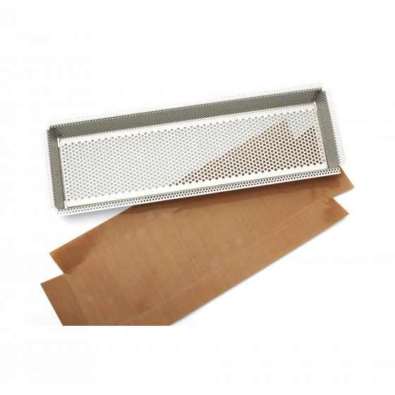 Rechteckige perforierte Backform Edelstahl 35x10,5x3,5cm + 2 Antihaft-Backtrennfolien
