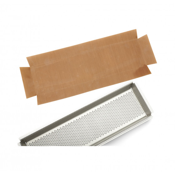 Moule rectangulaire inox perforé 35x10,5x3,5cm + feuilles de cuisson antiadhésive