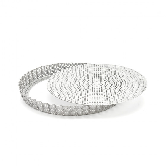 Perforated stainless steel round fluted tart mould Ø24cm + 2 non-stick baking sheets