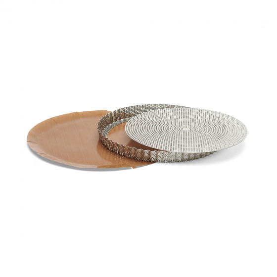 Perforated stainless steel round fluted tart mould Ø28cm + 2 non-stick baking sheets