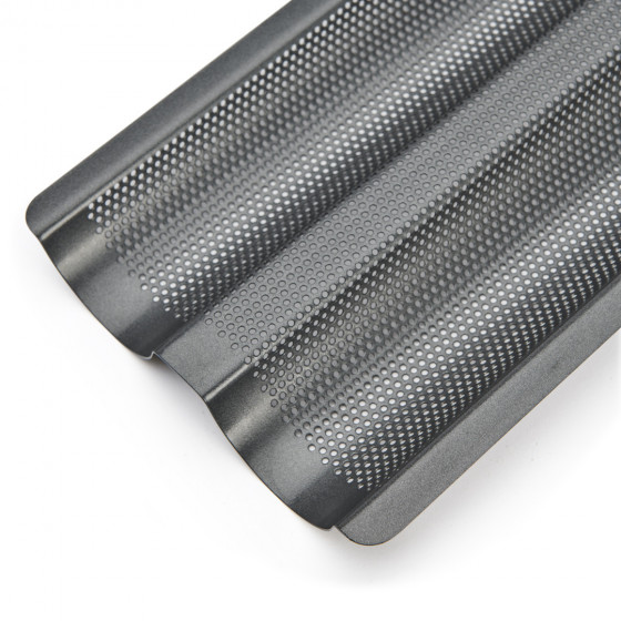 Baking tray for 2 baguettes, perforated non-stick steel